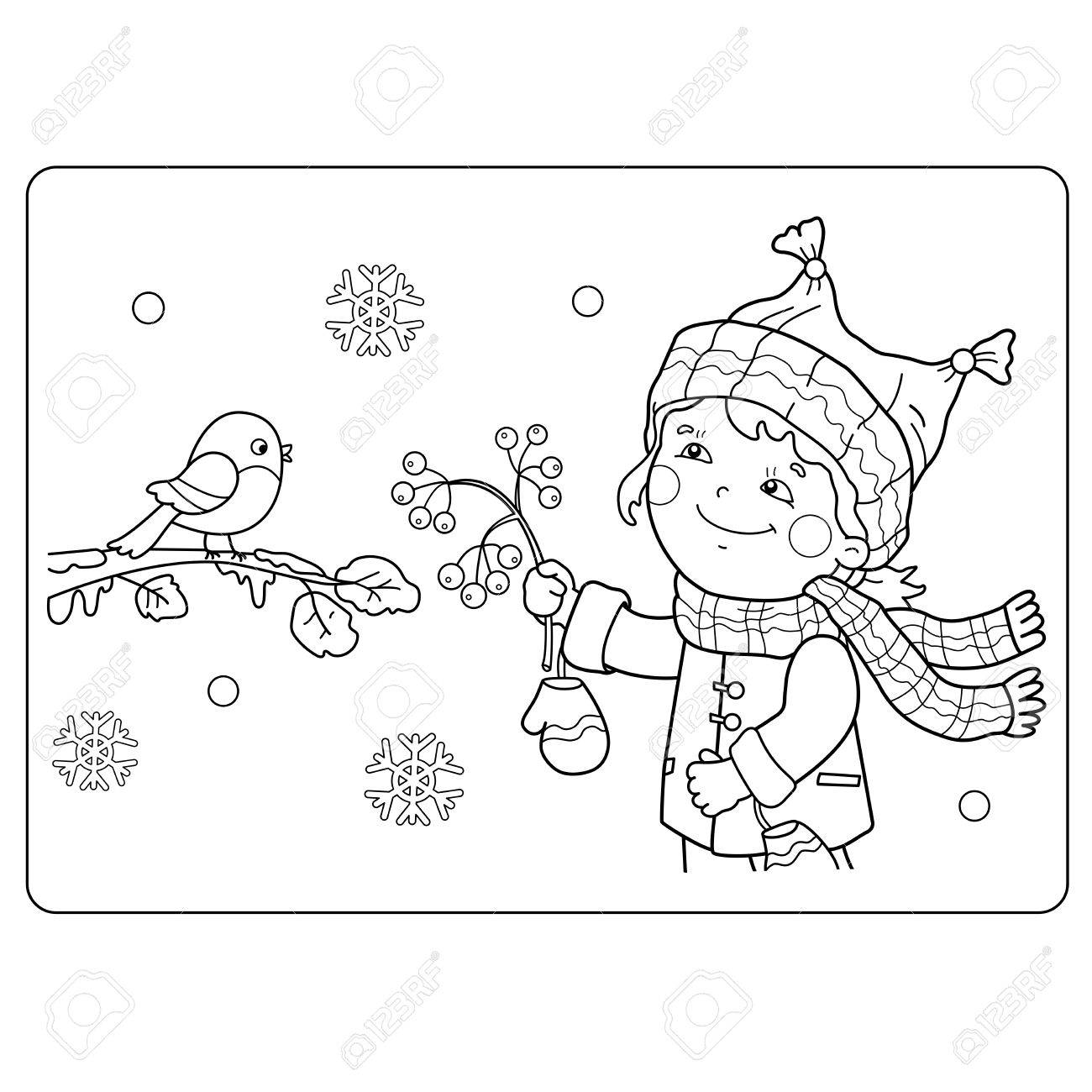 Coloring Page Outline Of Cartoon Girl Feeding Birds Winter Book For Kids Stock