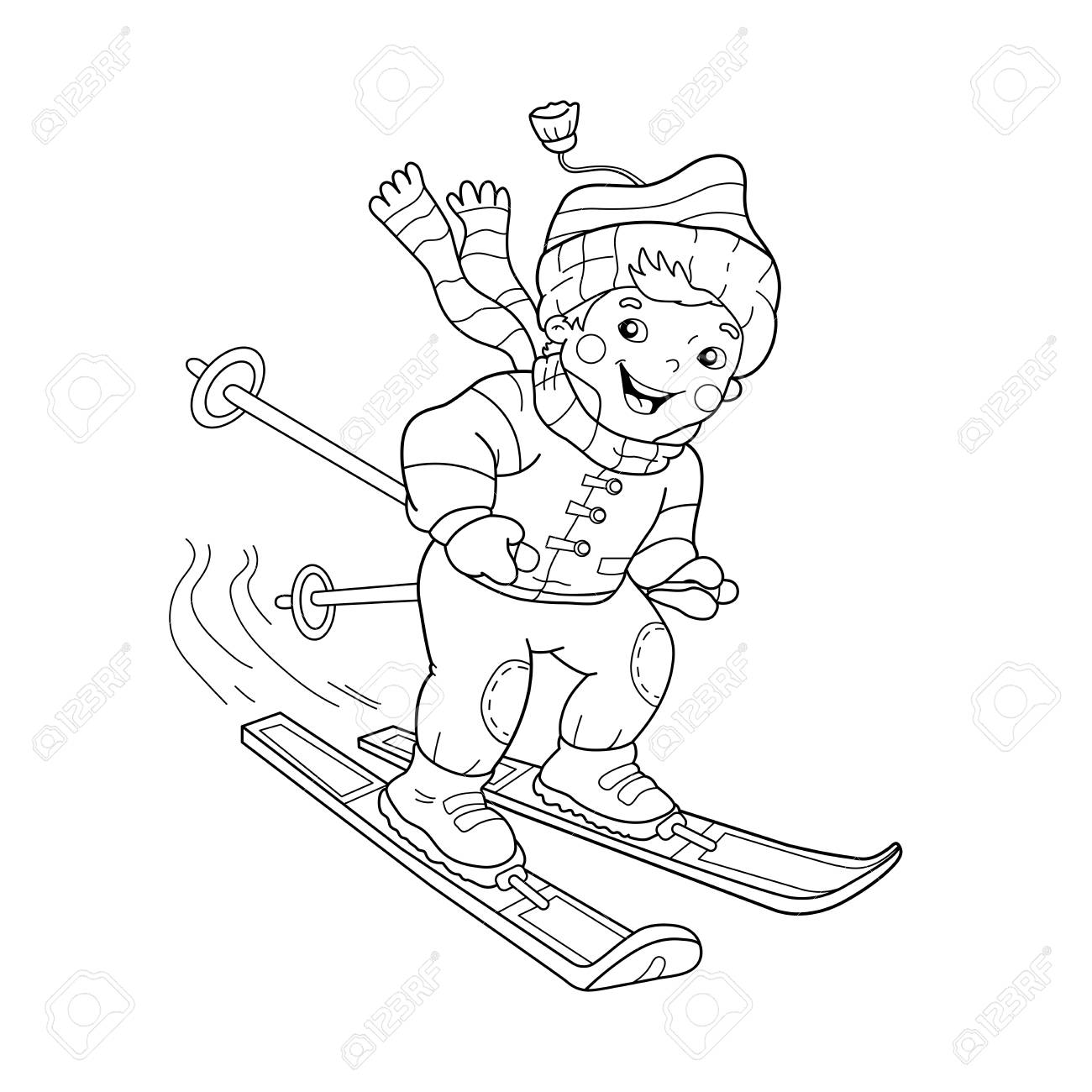 coloring page outline of cartoon boy riding on skis winter sports coloring book for
