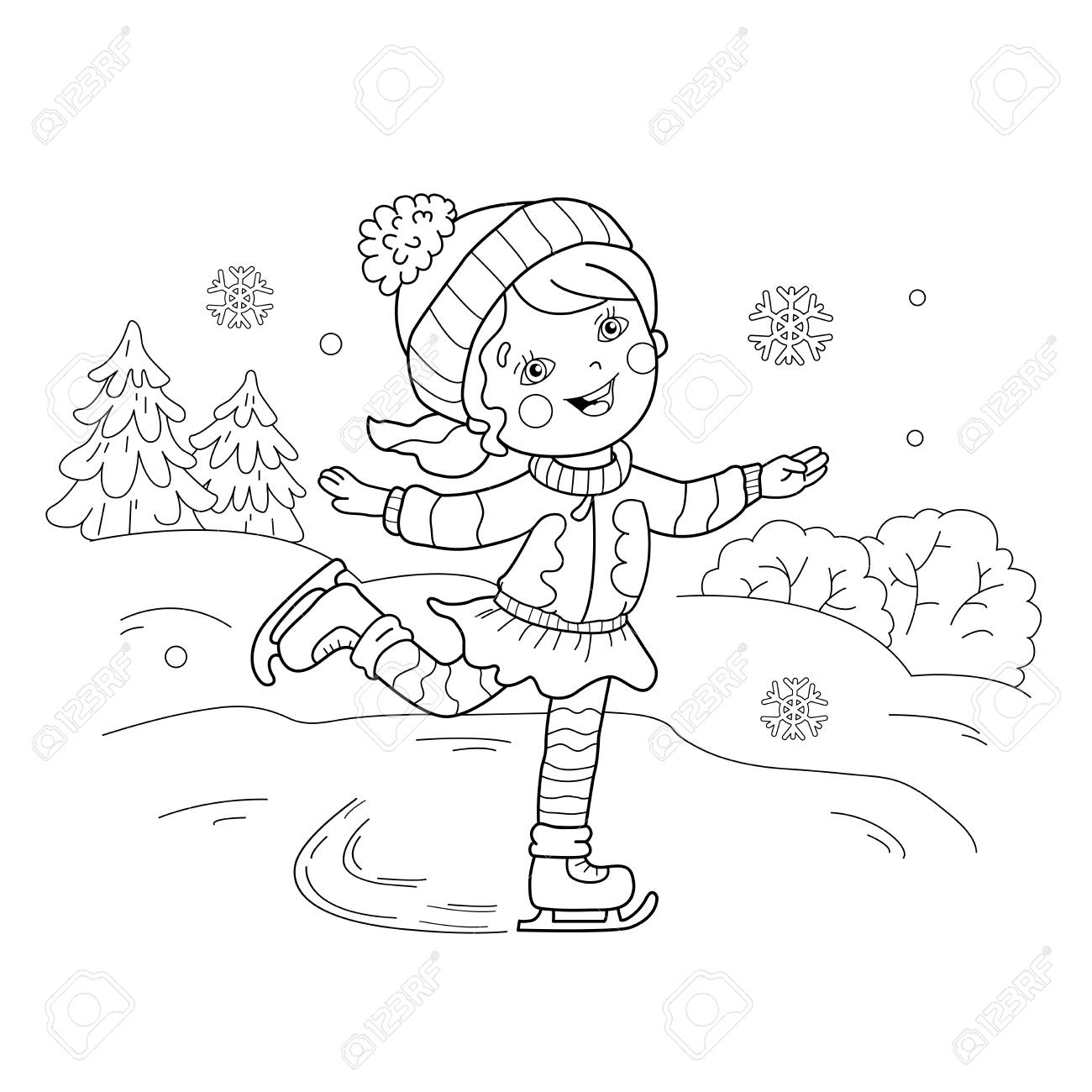 coloring page outline of girl skating winter sports coloring book for kids stock vector