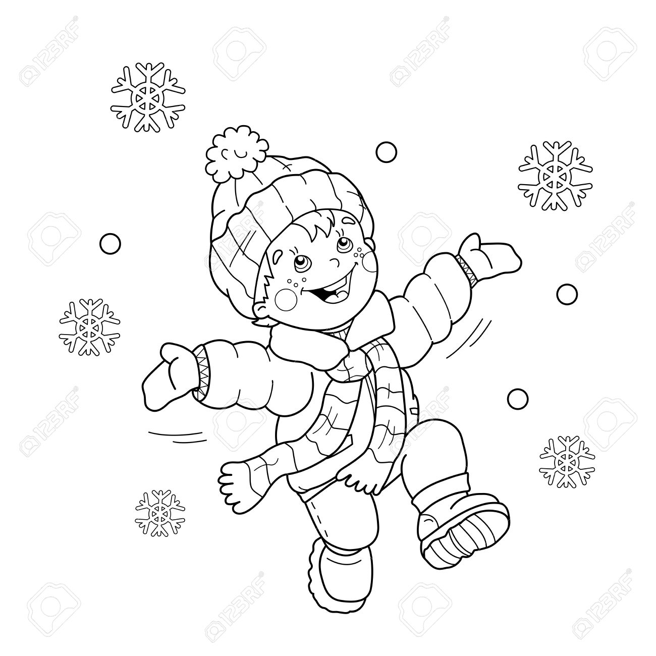 Coloring Page Outline cartoon boy jumping for joy First snow Winter Coloring