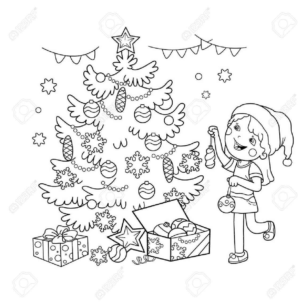 coloriage page apercu de fille dessin anime decorer le sapin noel avec des cadeaux nouvel an livre pour les enfants clip art libres droits vecteurs cercle js