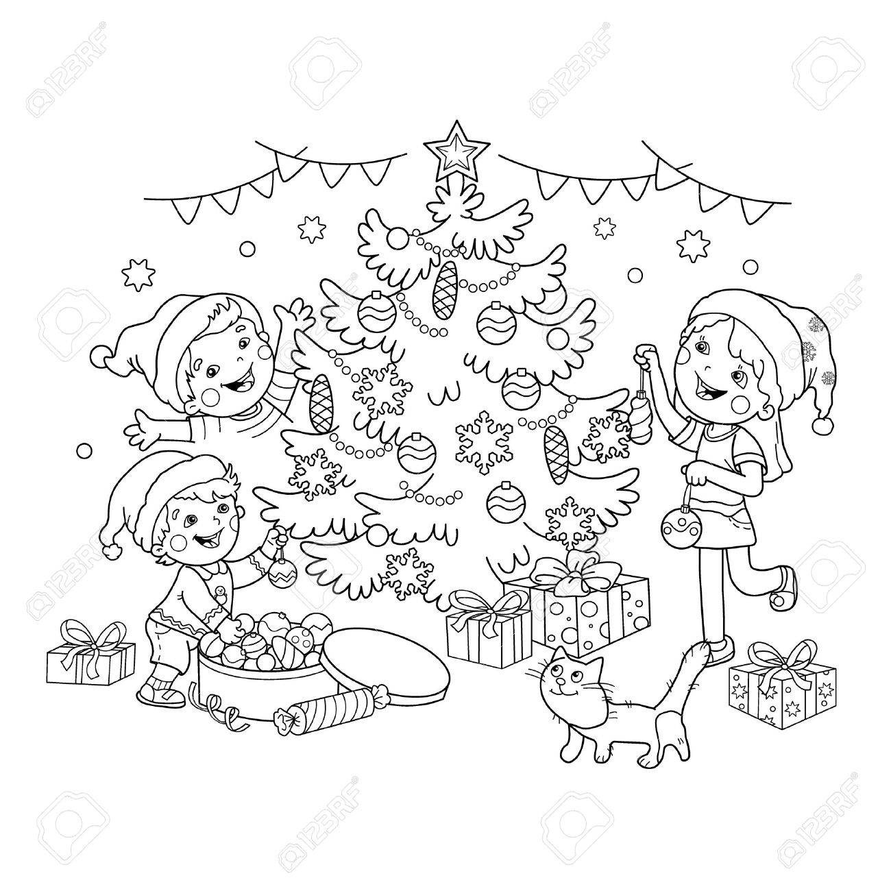 Página Para Colorear Esquema De Los Niños Decorar El árbol De Navidad Con  Adornos Y Regalos. Navidad. Año Nuevo. Libro De Colorear Para Niños  Ilustraciones Vectoriales, Clip Art Vectorizado Libre De Derechos.