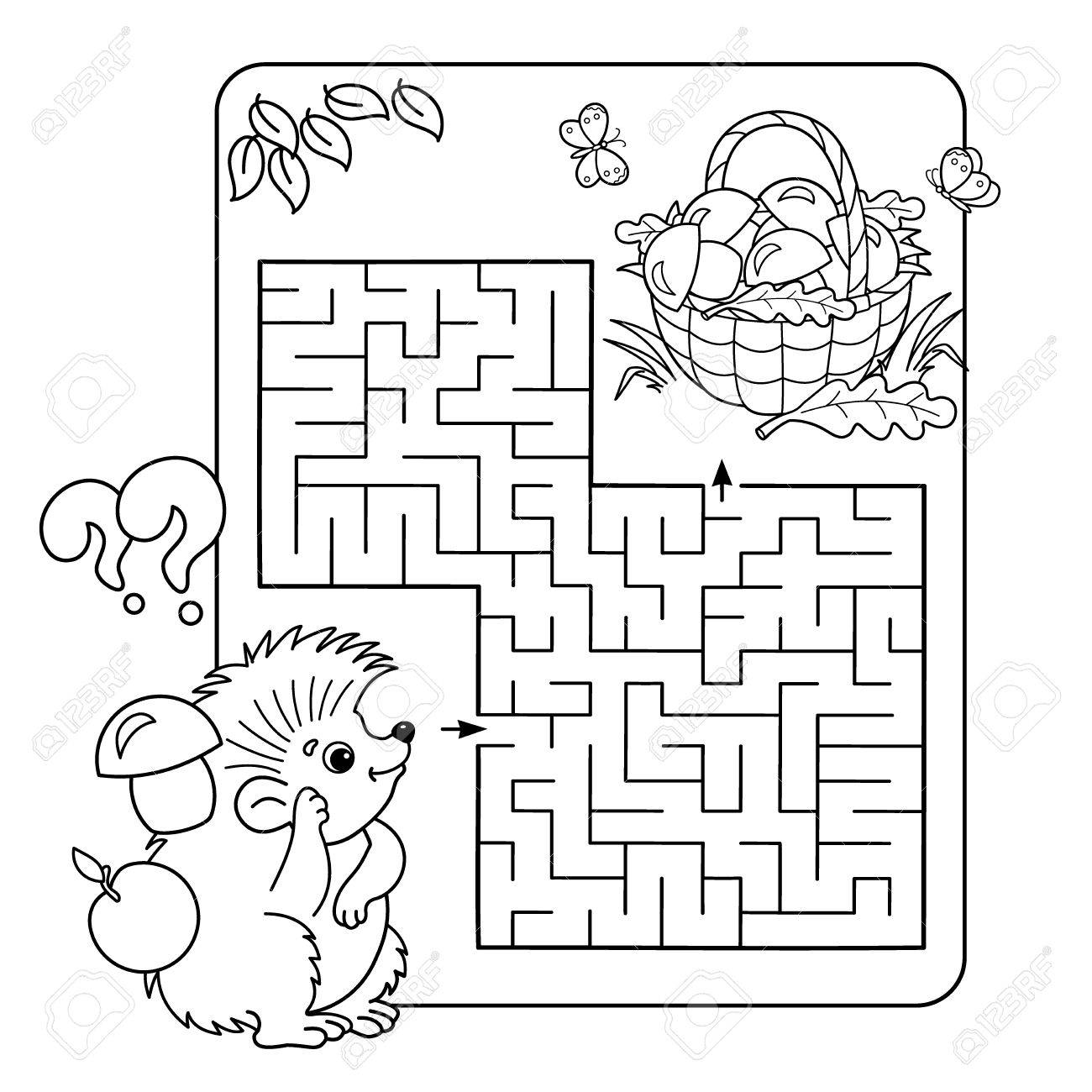 幼児の教育迷路や迷宮ゲームの漫画ベクトルの例 パズル キノコのバスケット ページ概要のハリネズミの着色 子供のための塗り絵 のイラスト素材 ベクタ Image 70665296