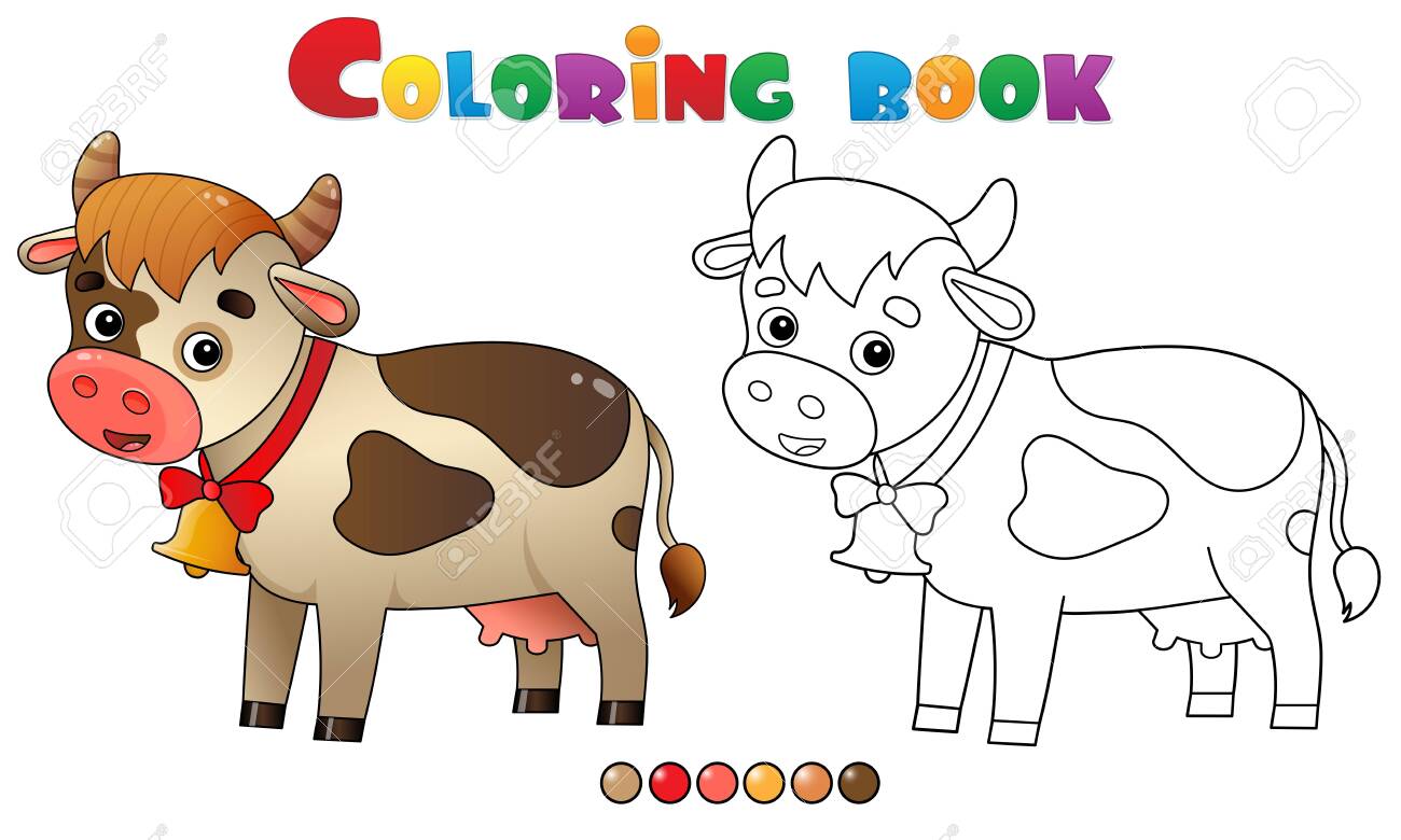Coloring Page Outline Of Cartoon Cow With Bell. Farm Animals. Coloring Book  For Kids. Royalty Free SVG, Cliparts, Vectors, and Stock Illustration.  Image 137948889., image size:1300x780
