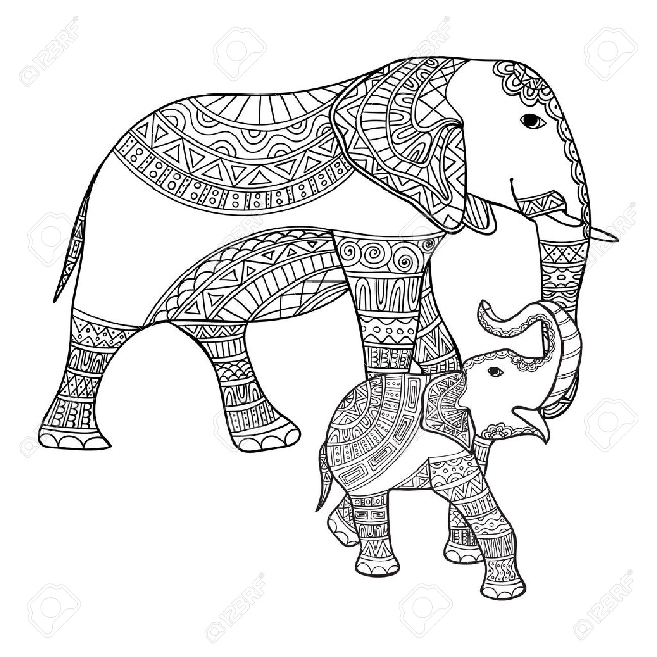 Big And Small Elephant Anti stress Coloring Book For Adults Black Big and small elephant anti stress coloring book for adults Black and white hand