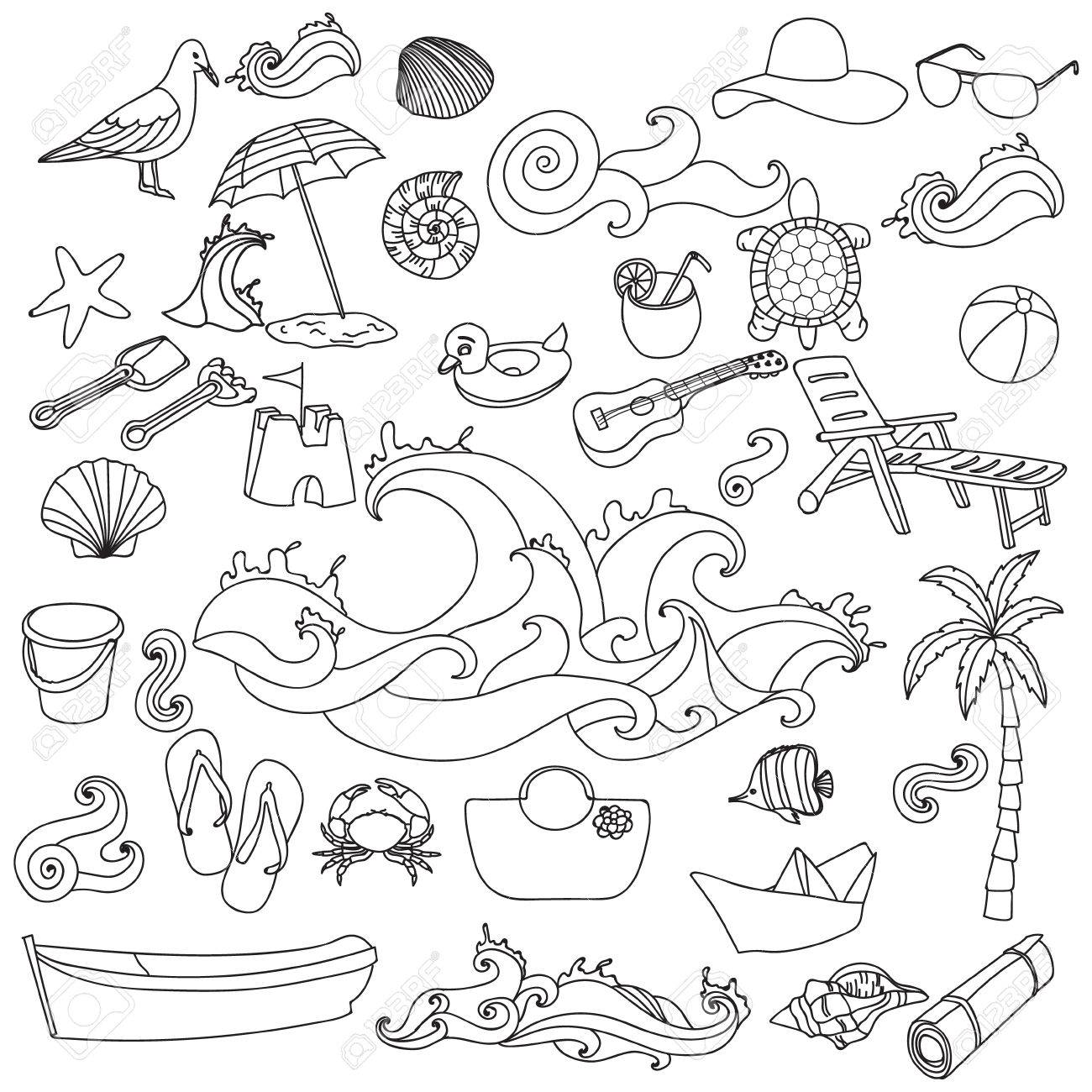 Sketchy Vecteur Dessiné à La Main Doodle Dessin Animé Ensemble Dobjets Et De Symboles Sur La Plage Dété Coloriages Pour Adultes