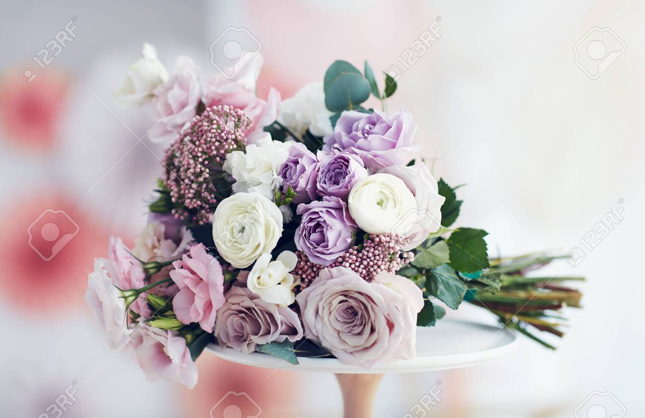Beautiful Delicate Flower Bouquet With Roses Ranunculuses Eustomas Stock Photo Picture And Royalty Free Image Image
