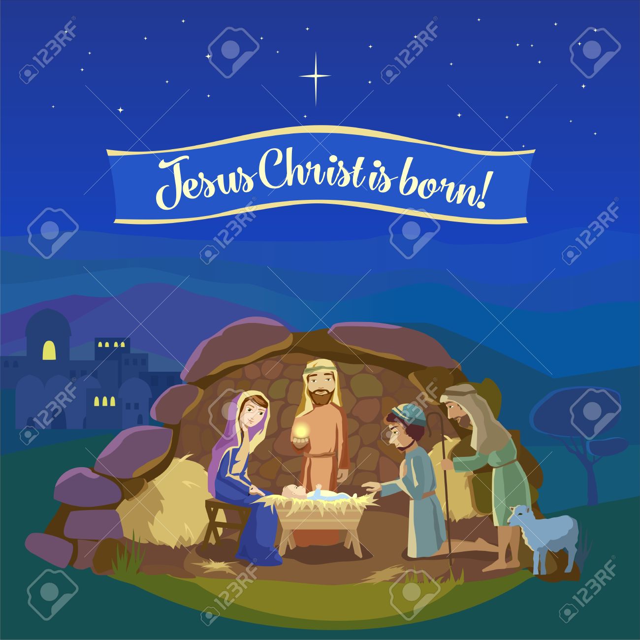 Christmas night. Birth of Jesus Christ in Bethlehem. Josef, Mary and the Baby in the manger. Shepherds came to worship the King. - 48929798 Christmas night. Birth of Jesus Christ in Bethlehem. Josef, Mary and the Baby in the manger. Shepherds came to worship the King. - 48929798