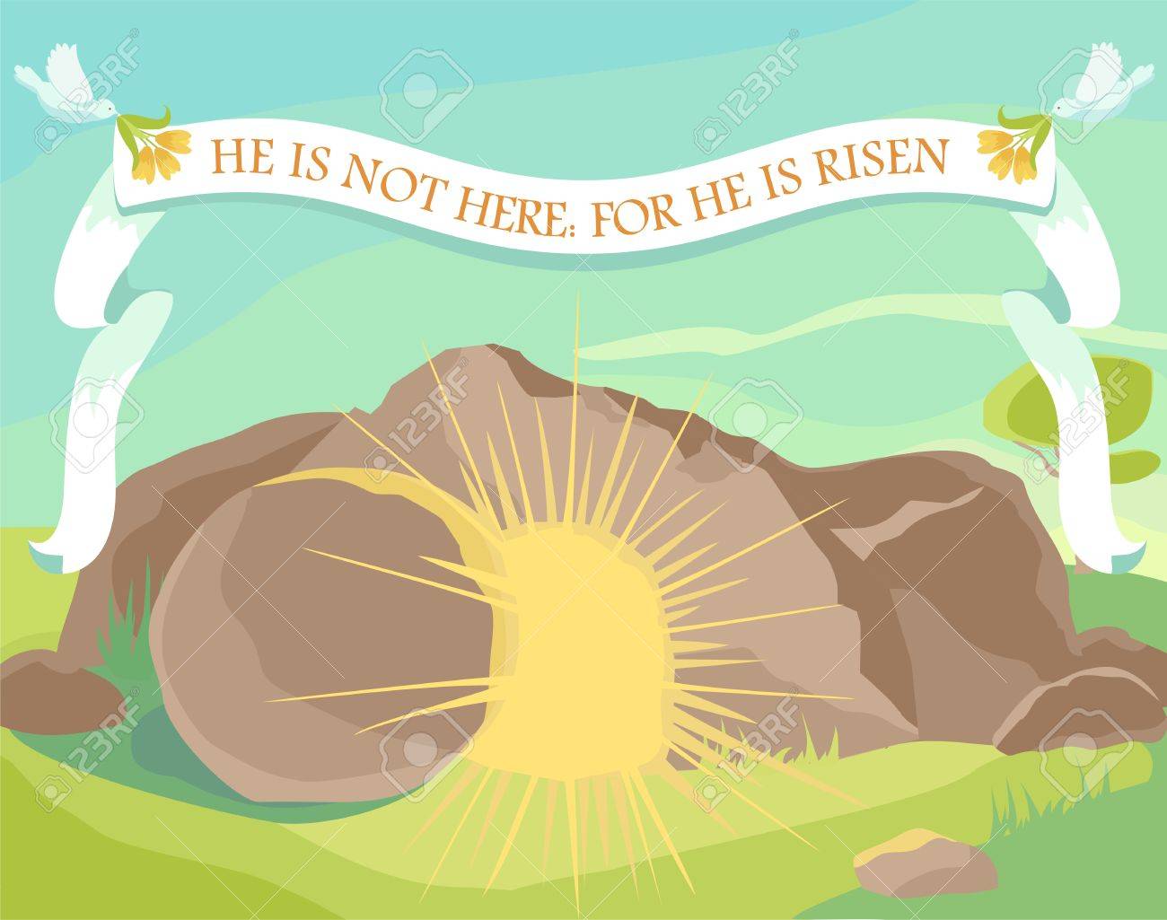Easter illustration of opened cave with light inside. White ribbon with text: He is not here: for He is risen. Sunday morning. Vector - 52899591 Easter illustration of opened cave with light inside. White ribbon with text: He is not here: for He is risen. Sunday morning. Vector - 52899591