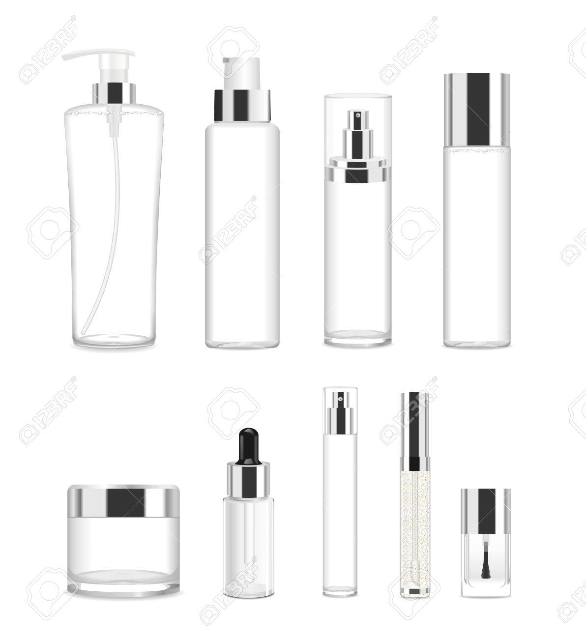 Collection of nine cosmetic acrilic or glass tubes isolated on white. Silver and white colors. Modern design. Place for your text. Detailed vector illustration - 62621239 Collection of nine cosmetic acrilic or glass tubes isolated on white. Silver and white colors. Modern design. Place for your text. Detailed vector illustration - 62621239