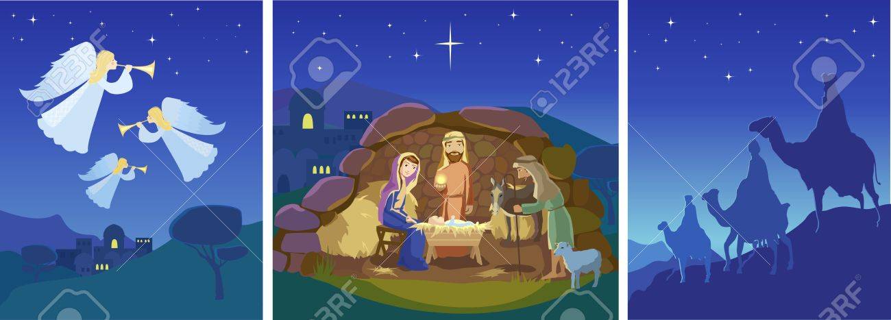 Notte Santa Di Natale.Vettoriale Tre Scene Natale Cristiano Notte Santa Angeli Nel Cielo Sopra Il Campo Nascita Di Gesu Cristo A Betlemme Josef Maria E Il Bambino Nella Mangiatoia Pecore E Asino Stanno Guardando