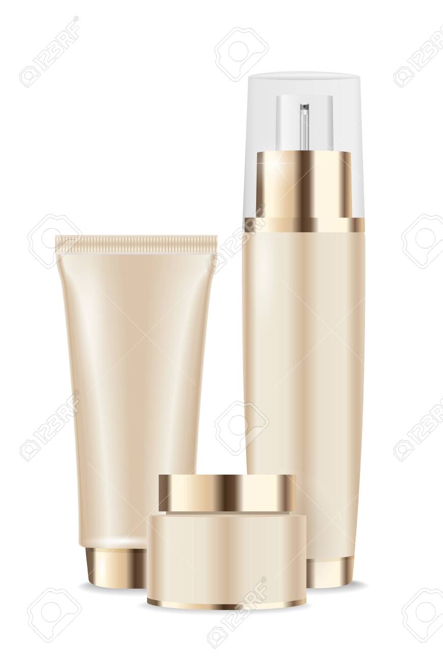 Three gold cosmetic pakages for cream, lotion, serum, etc. Luxury design. Vector - 136558394 Three gold cosmetic pakages for cream, lotion, serum, etc. Luxury design. Vector - 136558394