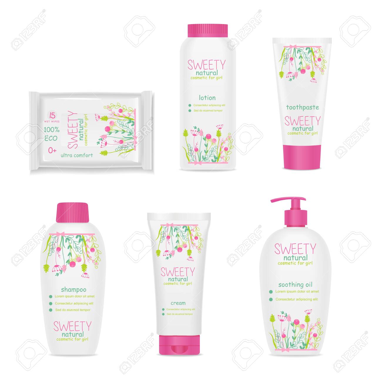Set of white girl cosmetic tubes with colorful kids design. Pink caps, floral ornament. Vector - 137831163 Set of white girl cosmetic tubes with colorful kids design. Pink caps, floral ornament. Vector - 137831163