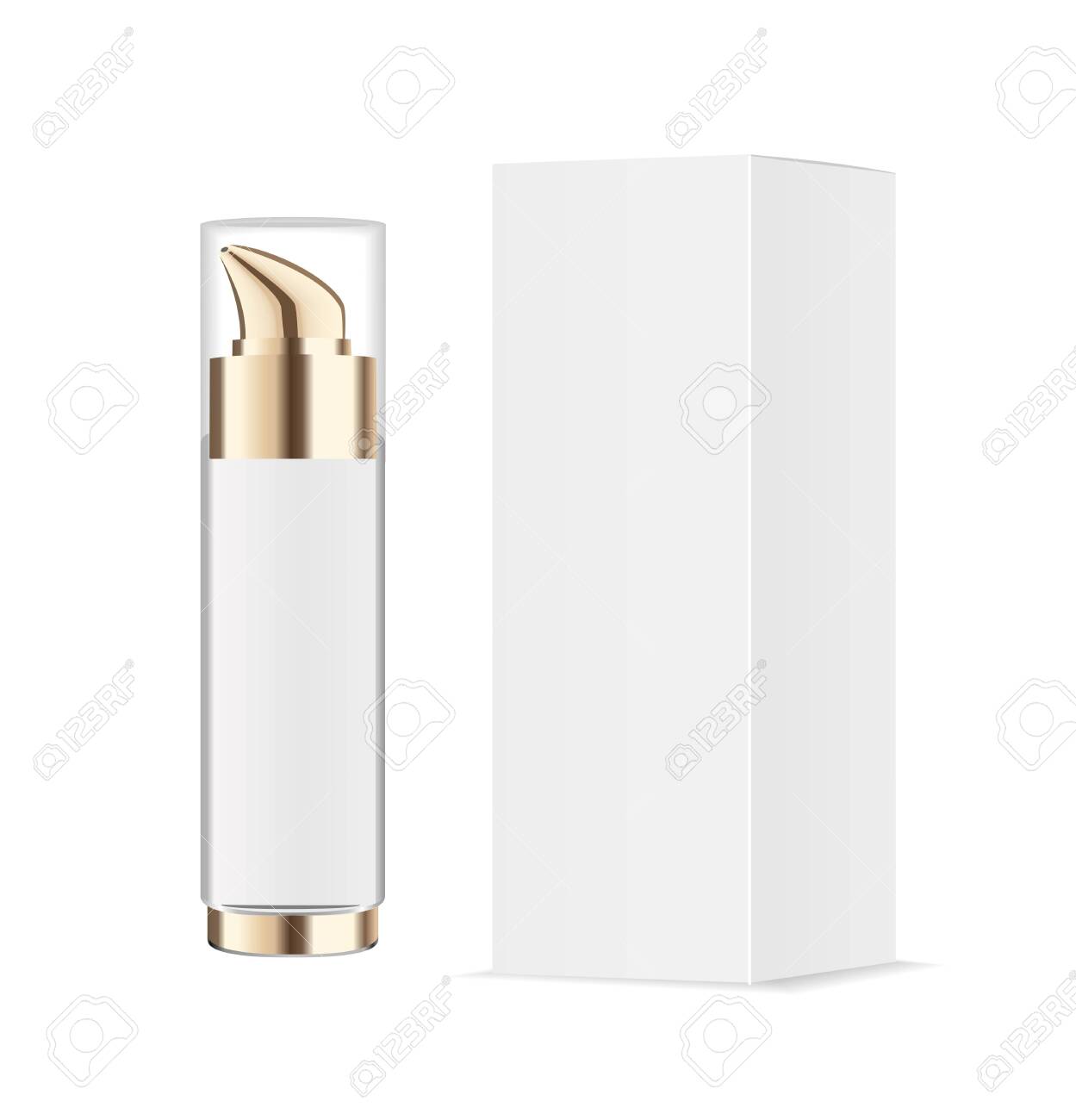 Realistic transparent cosmetic bottle with pump dispenser. White paper package. Vector - 137834645 Realistic transparent cosmetic bottle with pump dispenser. White paper package. Vector - 137834645