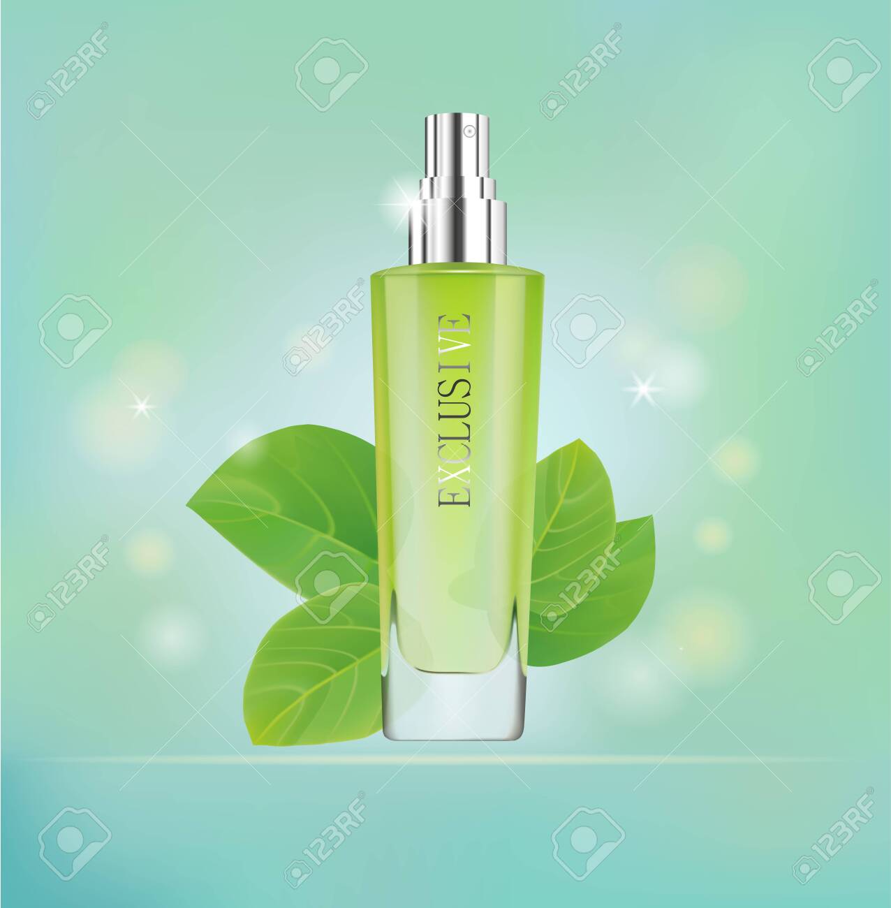 Realistic cosmetic bottle, green leaves at the background. Cosmetic advertising, fresh exclusive design. Green and blue colors. Vector - 138550061 Realistic cosmetic bottle, green leaves at the background. Cosmetic advertising, fresh exclusive design. Green and blue colors. Vector - 138550061