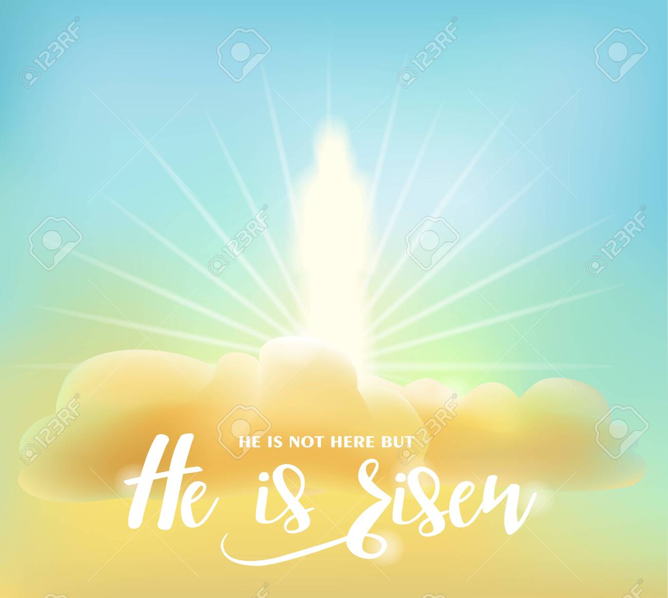 Easter card. Glowing figure of Christ on clouds in the morning sky. Text: He is not here but He is risen. Vector illustration - 144783343 Easter card. Glowing figure of Christ on clouds in the morning sky. Text: He is not here but He is risen. Vector illustration - 144783343