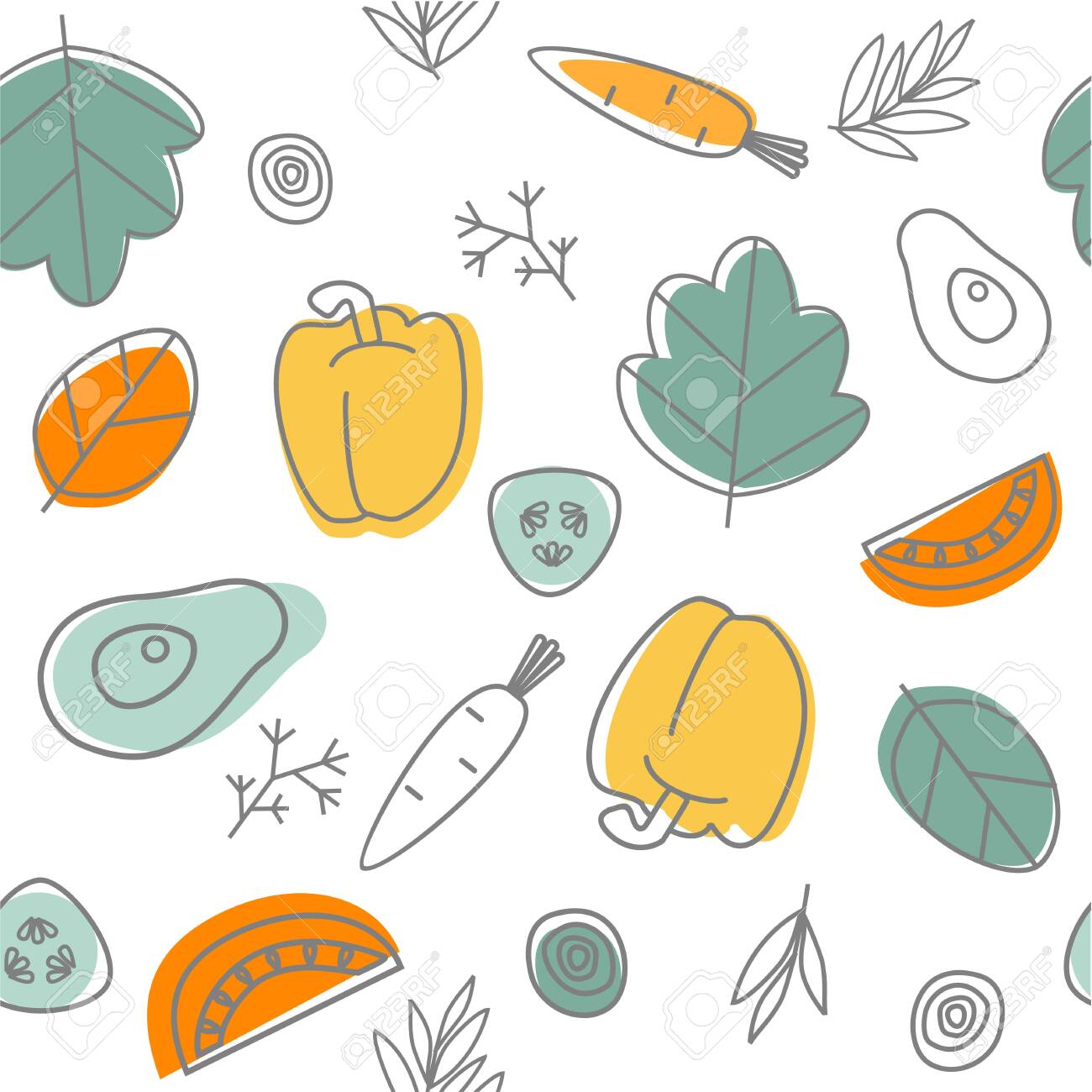 Seamless vegetables background. Doodle pattern. Healthy food. Vector - 151386535 Seamless vegetables background. Doodle pattern. Healthy food. Vector - 151386535