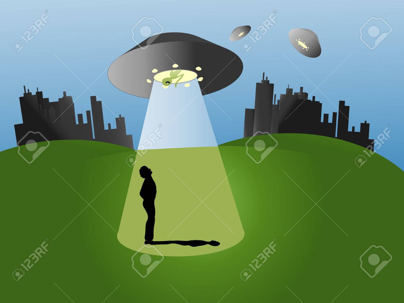 カラフルなベクトル イラスト Ufo エイリアンと 地球人のシルエット のイラスト素材 ベクタ Image