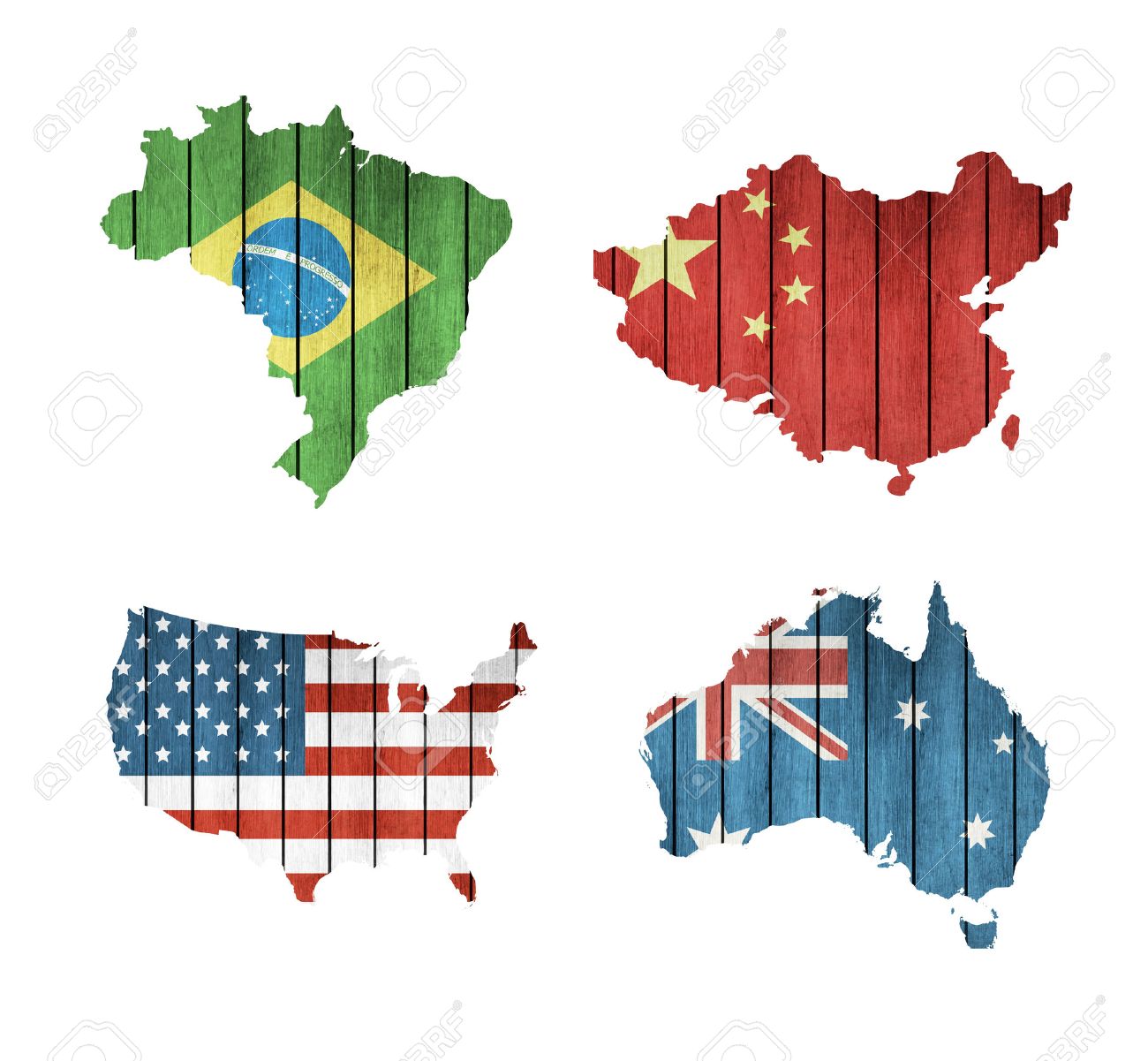 set of maps with wooden flags usa brazil australia and china on a white