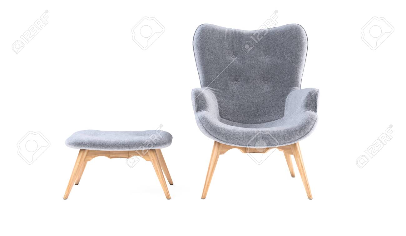 Fashionable Modern Gray Armchair With Wooden Legs Ottoman Isolated Stock Photo Picture And Royalty Free Image Image 125613702