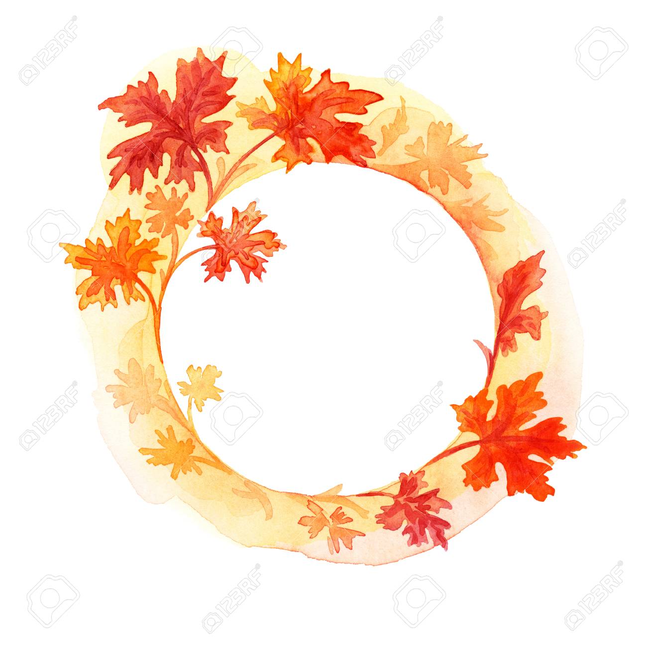 手描きの丸の秋花のフレーム 水彩画 の写真素材 画像素材 Image