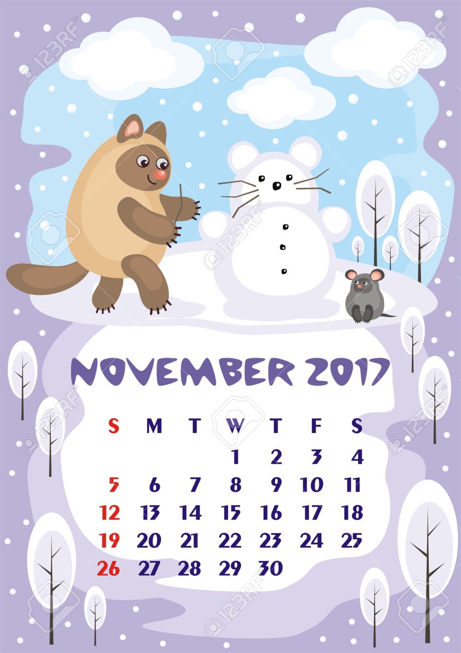 17 年 11 月日面白い猫の壁掛けカレンダー 楽しい漫画のスタイルで子供のイラスト カラフルな背景 垂直方向 週の開始日 ベクトル のイラスト素材 ベクタ Image