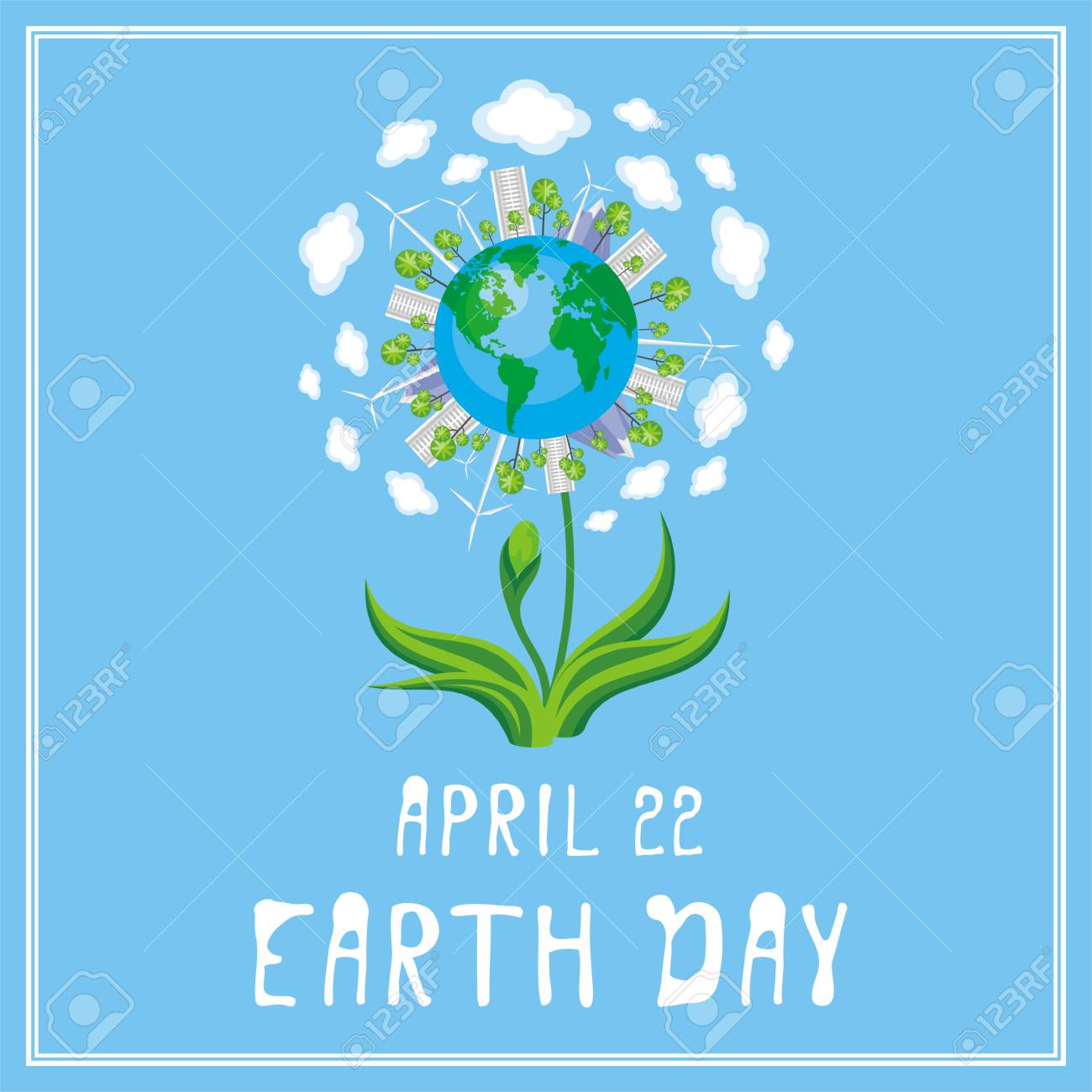 地球の日。惑星、都市、山、木、花の絵のポスター。のイラスト