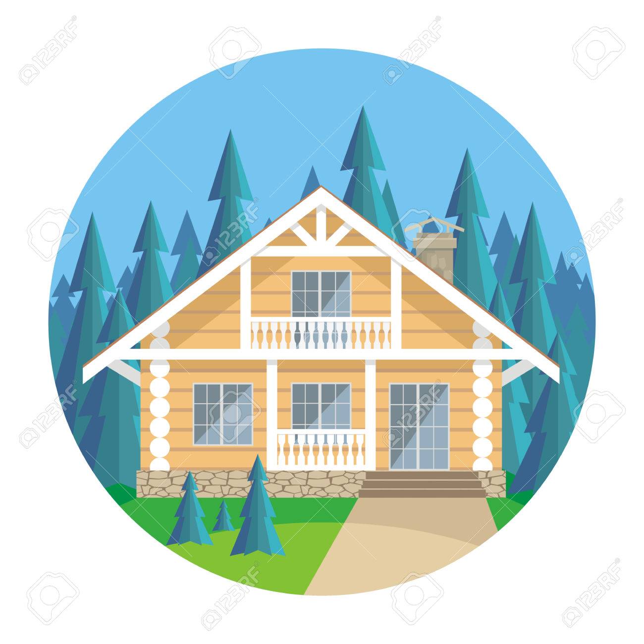 モミの木の環境でのログハウスのイメージ 美しい夏の風景です ベクトルの背景 のイラスト素材 ベクタ Image