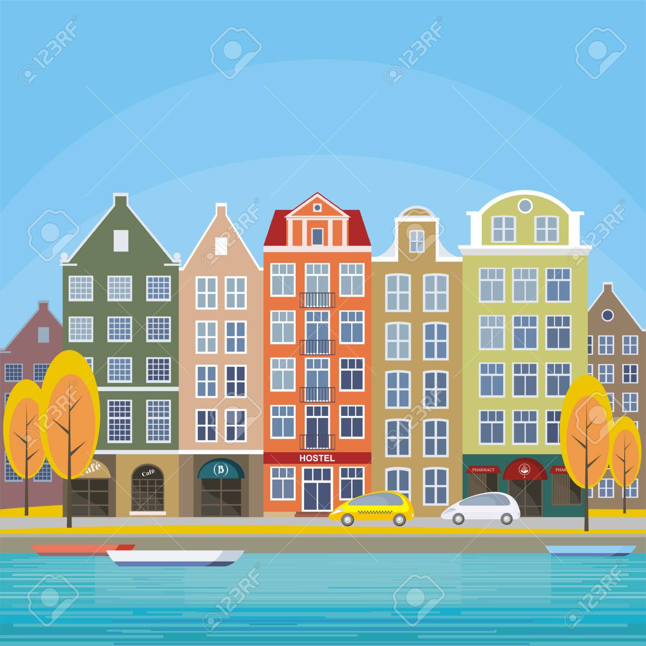 ヨーロッパの都市の通りのイメージです チャネルの銀行の古い町並み ベクトルの図 のイラスト素材 ベクタ Image