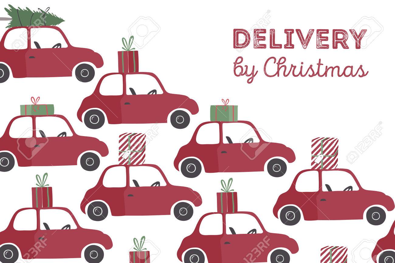 Spesial christmas delivery vector Illustration. Small red car with gifts and christmas tree on the top. - 48976329 Spesial christmas delivery vector Illustration. Small red car with gifts and christmas tree on the top. - 48976329