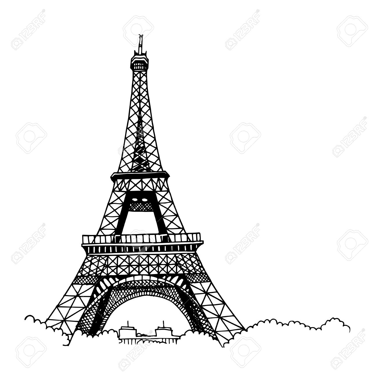 Hand drawn Eiffel Tower. Simple sketch style. Black contour isolated on white background. - 58971542 Hand drawn Eiffel Tower. Simple sketch style. Black contour isolated on white background. - 58971542