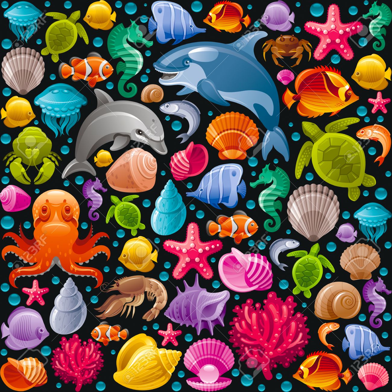 Sea travel seamless background with underwater diving animals. Dolphin, killer whale, starfish, coral, pearl, butterfly fish, tropical shells, sea horse, octopus, sea turtle and more marine icons - 58136168 Sea travel seamless background with underwater diving animals. Dolphin, killer whale, starfish, coral, pearl, butterfly fish, tropical shells, sea horse, octopus, sea turtle and more marine icons - 58136168