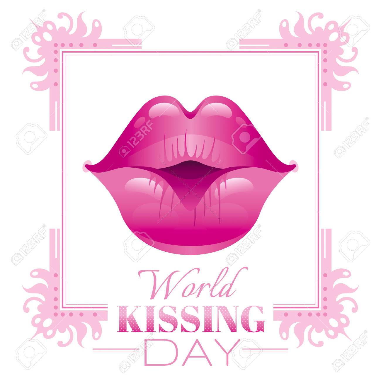 Sexy Kissing Lèvres Femme Avec Rouge à Lèvres Rose Sur Fond Blanc Icône Avec Le Texte Et Vintage Frame Pour La Conception De Cartes De Voeux Belle