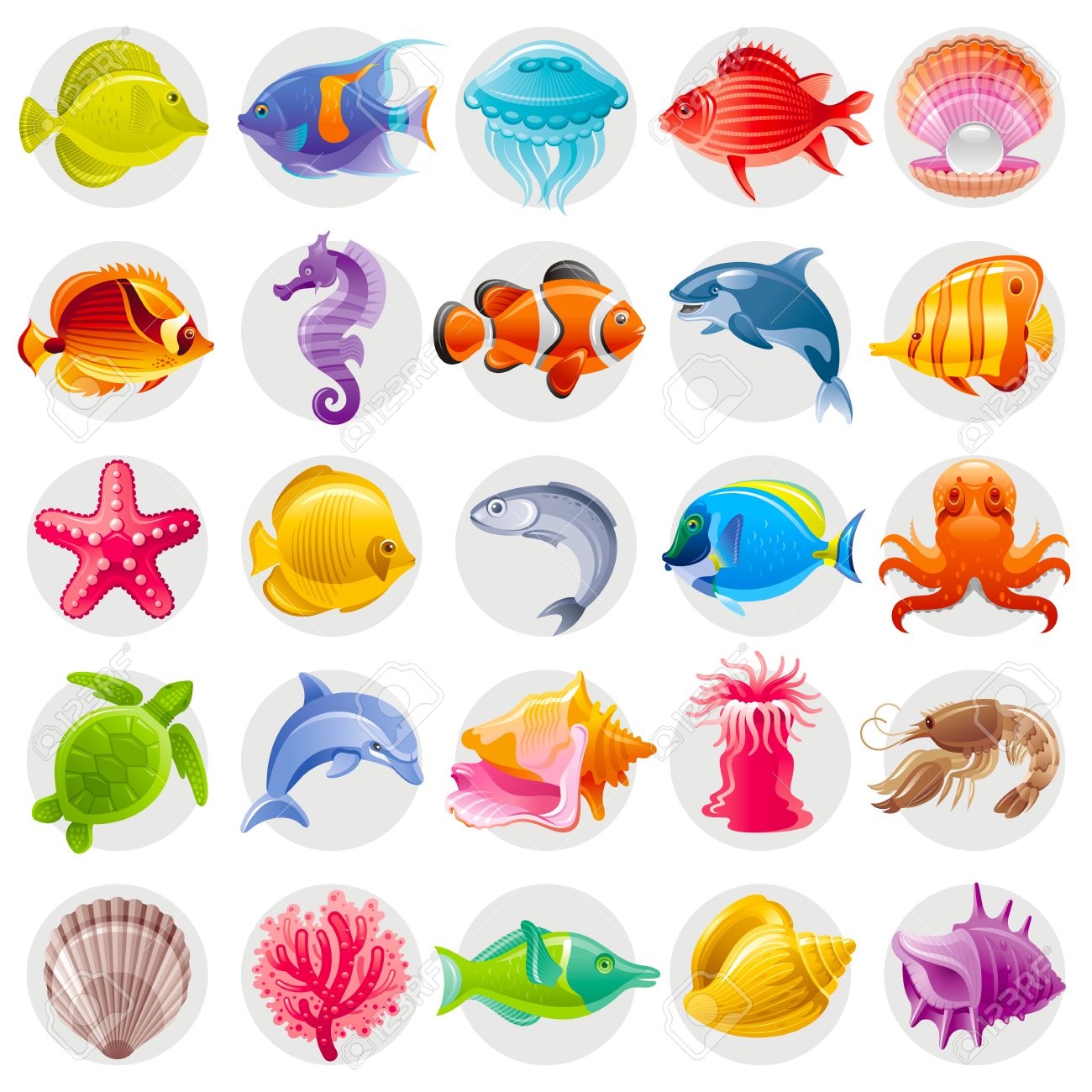 水中の動物入りのかわいい漫画アイコン 海の馬 魚 カメ 真珠の貝柱 イルカ クジラ タコ ヒトデ シェル ビーチ観光 夏の旅行 ダイビング クラブのベクトル イラスト のイラスト素材 ベクタ Image