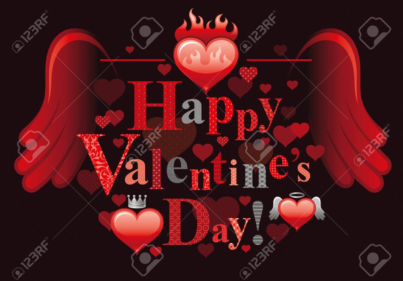 Happy Valentines Day Romantic Images Happy Valentines Day Romance Love Text Lettering, Isolated Border Black  Background. Cute Romantic Passion Vector Illustration. Red Burning Heart,  Fire, Crown, Wing. Holiday Design. Flat Cartoon Sign Royalty Free Svg,  Cliparts, Vectors,