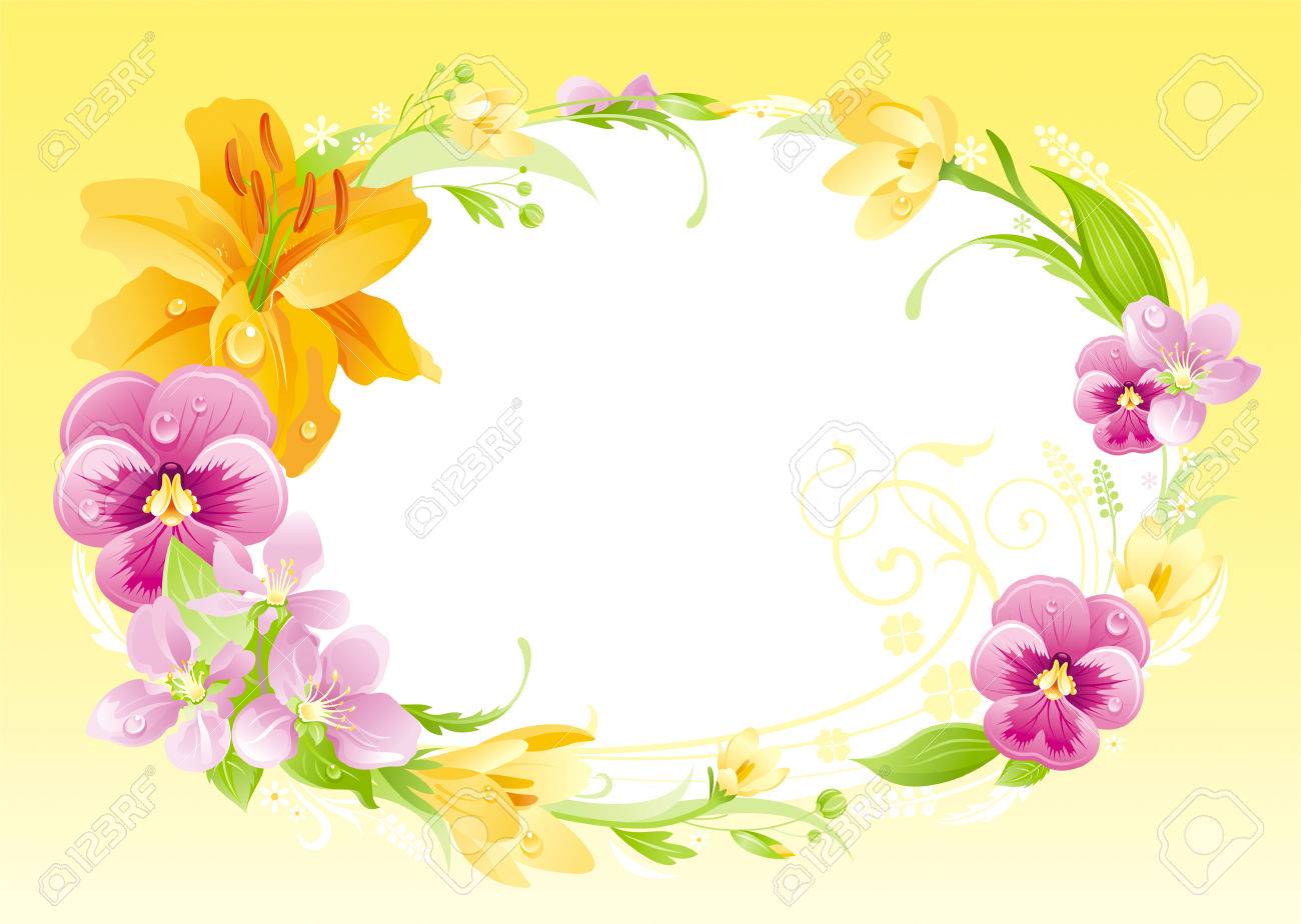 Spring Summer Background. Easter, Mother Day, Birthday, Anniversary, Wedding  Invitation. Flower Frame Lily, Pansy Flyer. Isolated Wreath. Nature Border,  Flat Vector Illustration. Holiday Greeting Card Royalty Free SVG, Cliparts,  Vectors, And Stock