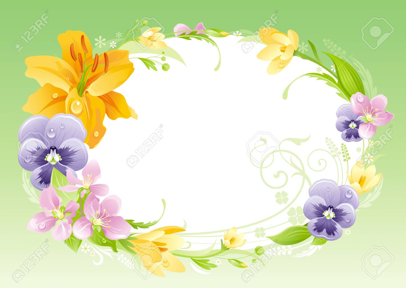 Banniere Printemps Ete Paques Fete Des Meres Anniversaire Invitation De Mariage Lys Cadre De Fleurs Pansy Feuilles Couronne Isolee Frontiere Nature Vecteur Fond Illustration Carte De Voeux Clip Art Libres De Droits