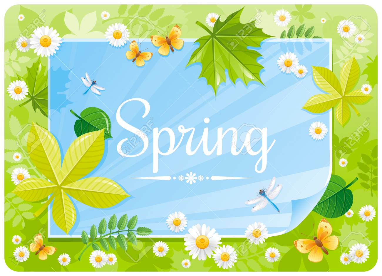 春のバナー枠 かわいい森のポスター 緑の芝生 青い空 花 葉 蝶 春の自然 紙シート Copyspace ベクトルの図 フラットのグリーティング カード背景 テキスト文字 のイラスト素材 ベクタ Image