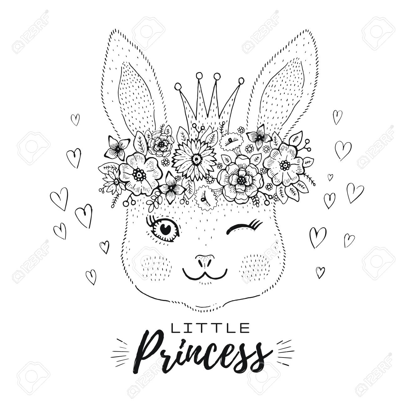 Cute Kawaii Bunny Rabbit Face In Princess Crown Flower Wreath