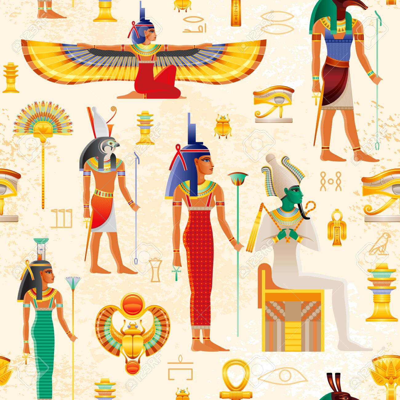 Egyptian Vector Seamless Papyrus Pattern With Osiris Myth Characters Royalty Free Cliparts Vectors And Stock Illustration Image