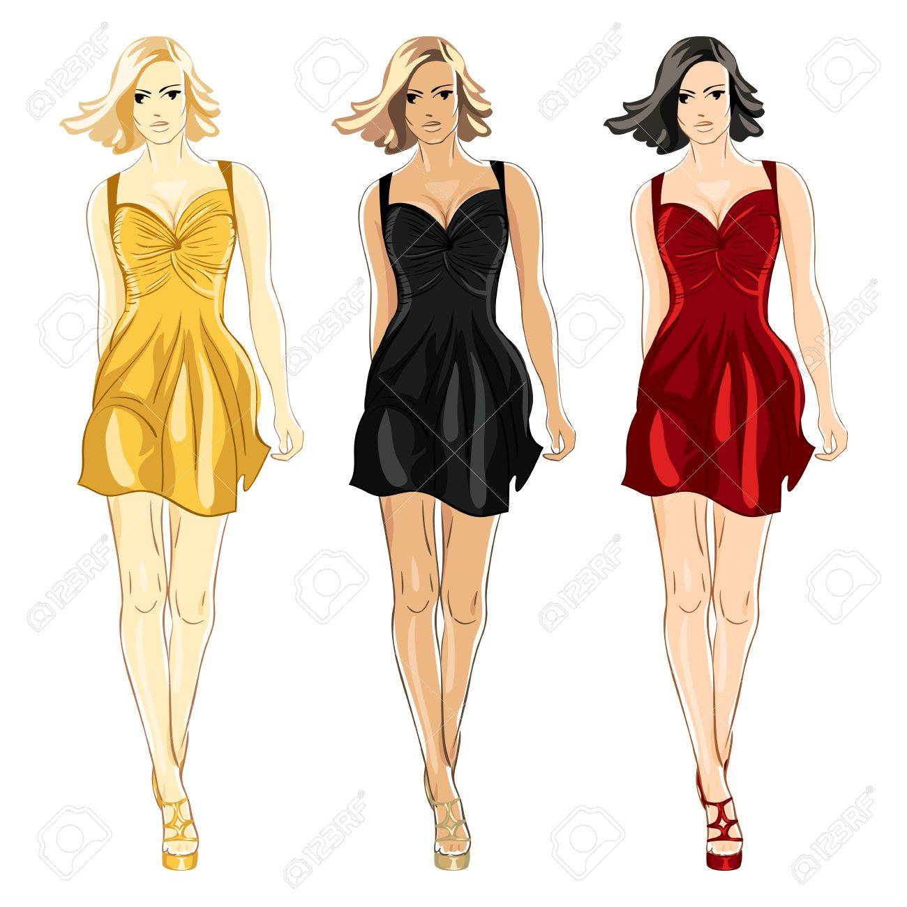 Beau, jeunes filles, à, longs cheveux, dans, a, mode, robes soirée, bleu, et, or, couleurs, isolé, blanc, fond Clipart Beau, jeunes filles, à, longs cheveux, dans, a, mode, robes soirée, bleu, et, or, couleurs, isolé, blanc, fond Clipart