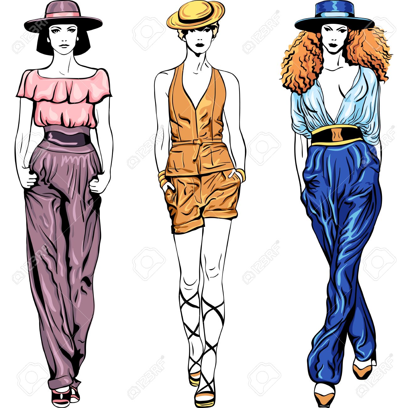 Beau, jeunes filles, à, longs cheveux, dans, a, mode, robes soirée, bleu, et, or, couleurs, isolé, blanc, fond Clipart Beau, jeunes filles, à, longs cheveux, dans, a, mode, robes soirée, bleu, et, or, couleurs, isolé, blanc, fond Clipart
