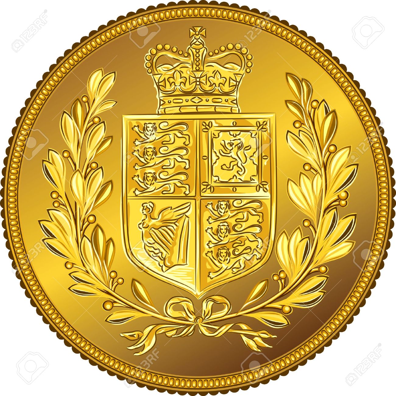 British money gold coin Sovereign with the image of a heraldic shield and crown, isolated on white background - 13880937 British money gold coin Sovereign with the image of a heraldic shield and crown, isolated on white background - 13880937