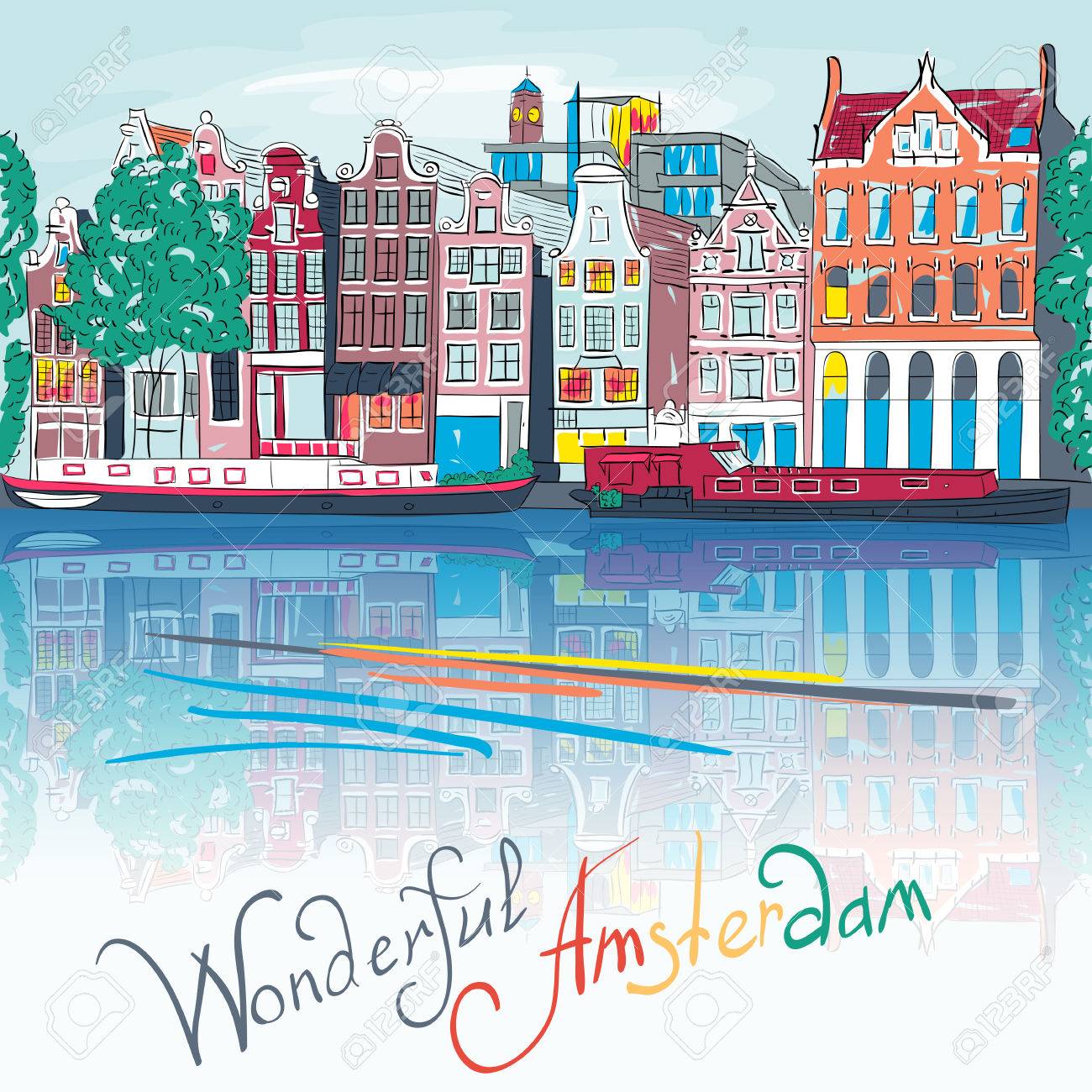 アムステルダムの運河 典型的なオランダの家 ボート オランダ オランダの街の景色 のイラスト素材 ベクタ Image