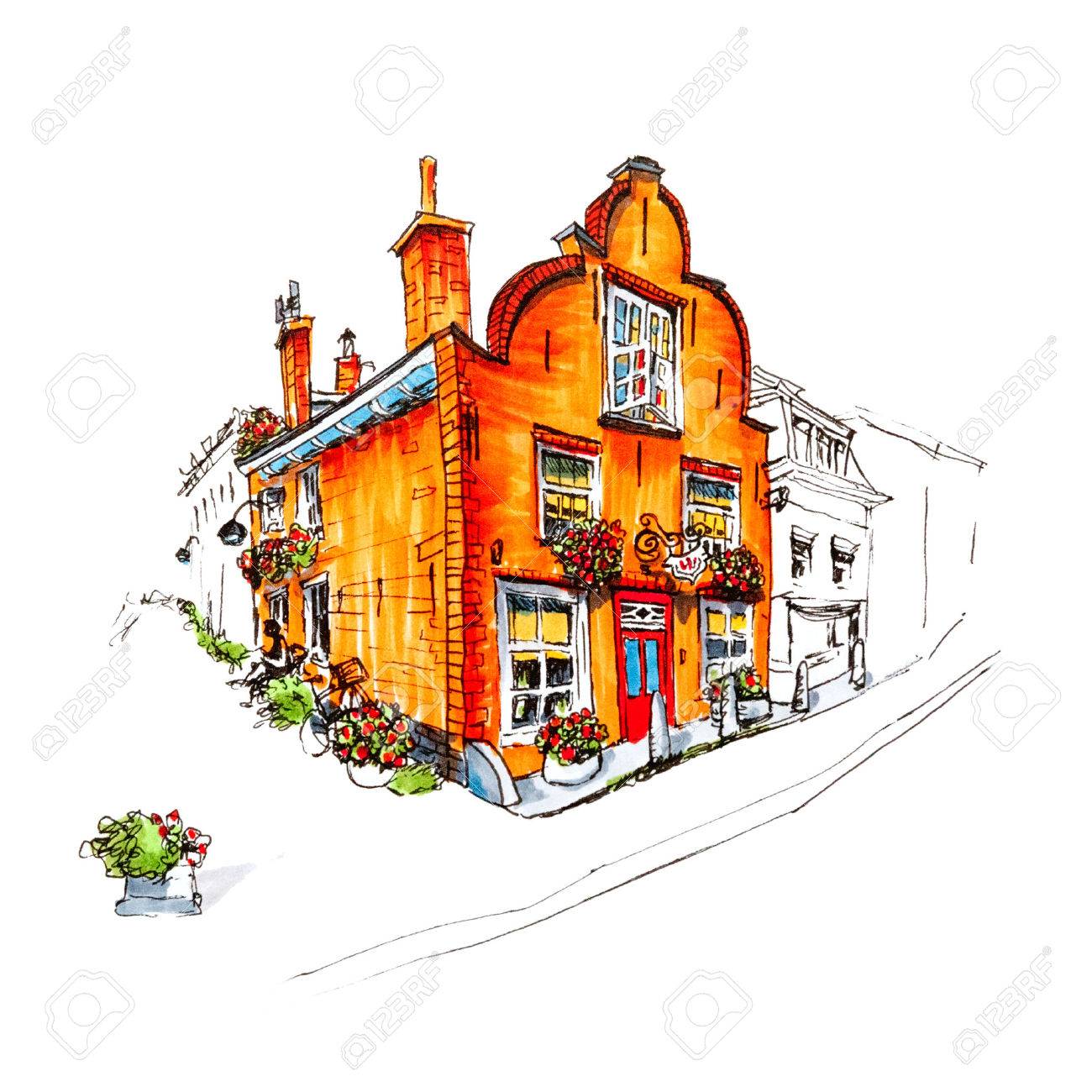 Disegno a mano di colore vista sulla citt  panoramica di Delft con bella casa me vale