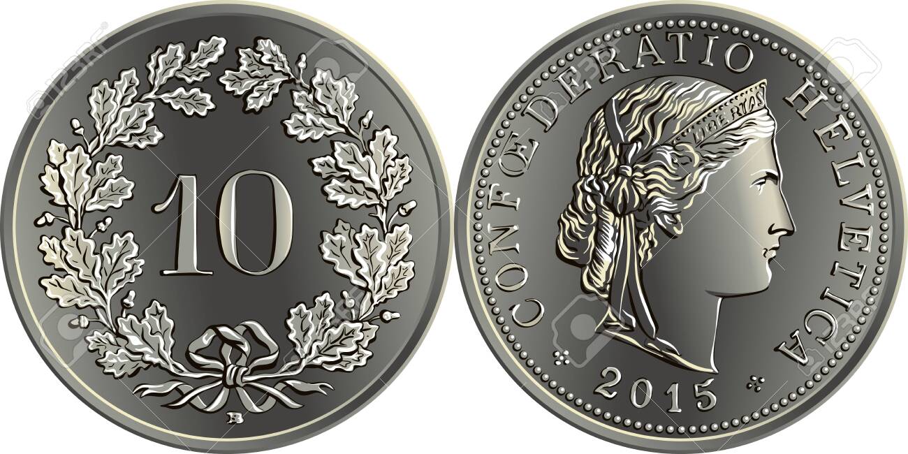 10センタイムズコインスイスフラン、逆にオークの葉の花輪で10、スイスの公用語コインのリバティの頭のイラスト素材・ベクター Image  144696151