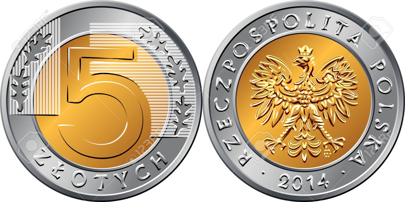 벡터 폴란드어 돈 5 즐로티 금화 및 은화 앞면에 황금 왕관에 독수리가 있는 값, 뒷면에 링 부분에 5개의 잎 로열티 무료 사진,  그림, 이미지 그리고 스톡포토그래피. Image 144696154