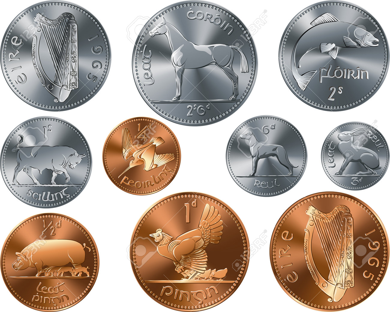 아일랜드어 돈 십진수 이전 금색과 은색 동전 페니의 벡터 세트 로열티 무료 사진, 그림, 이미지 그리고 스톡포토그래피. Image  201477931