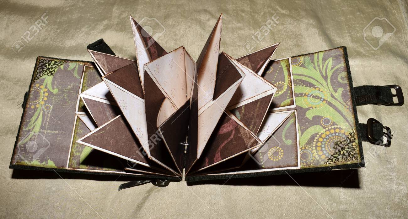 opened vintage looking photoalbum with green cover and bronse vintage looking photo albums