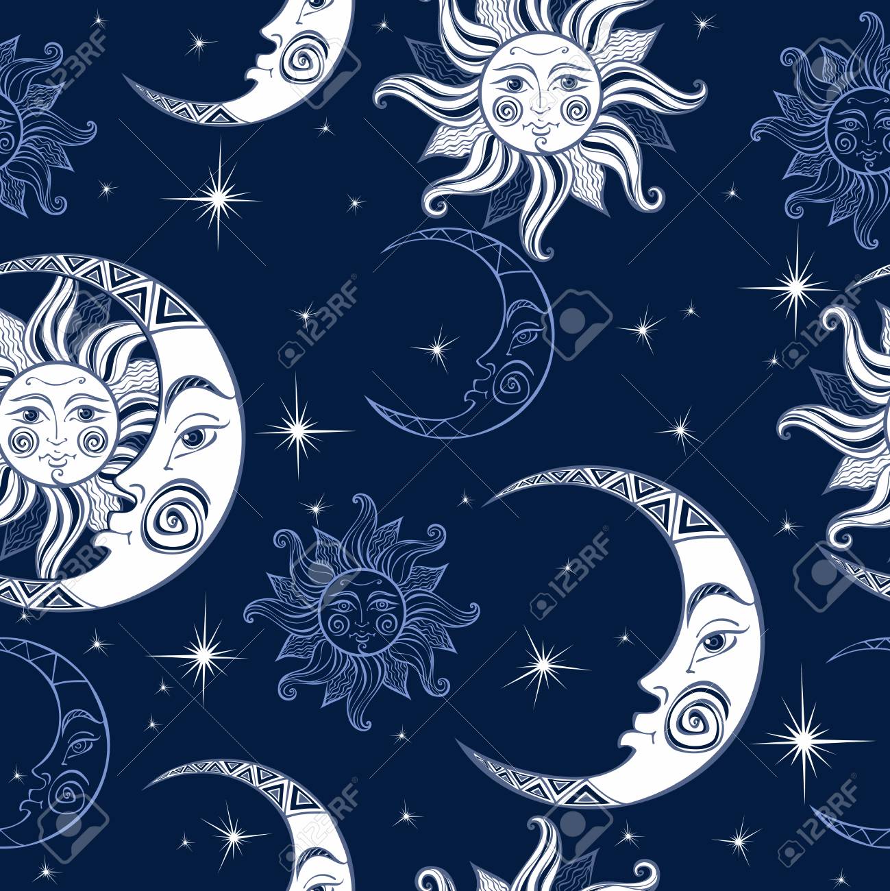 Seamless pattern. Sun moon and stars. Space background. Night sky. A magical fairy backdrop. Vector. - 100076108 Seamless pattern. Sun moon and stars. Space background. Night sky. A magical fairy backdrop. Vector. - 100076108